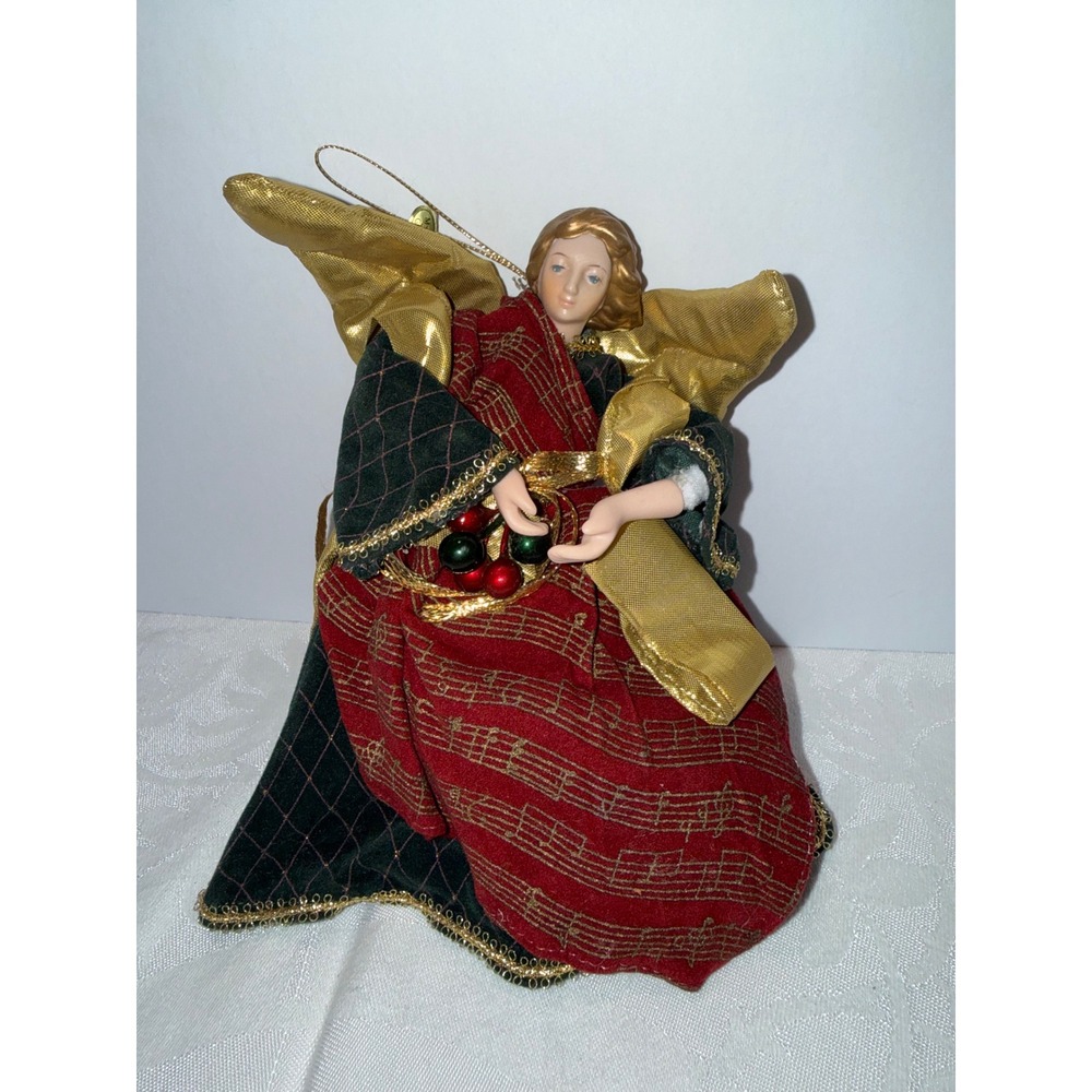Vintage Christmas Angel Tree Topper Ornament Porcelain Musical Note Red Green 8"